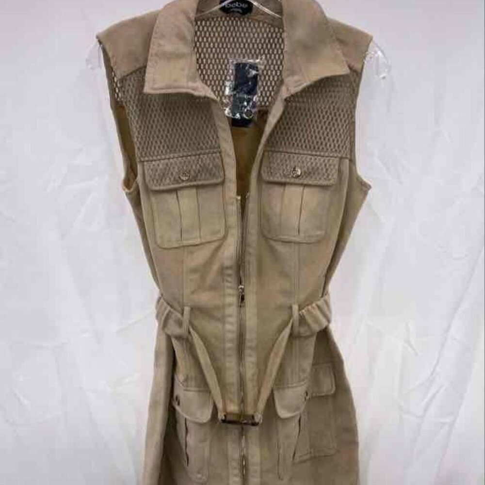 Vintage Bebe Tan Solid Sleeveless Dress with Belt Size Medium NWT